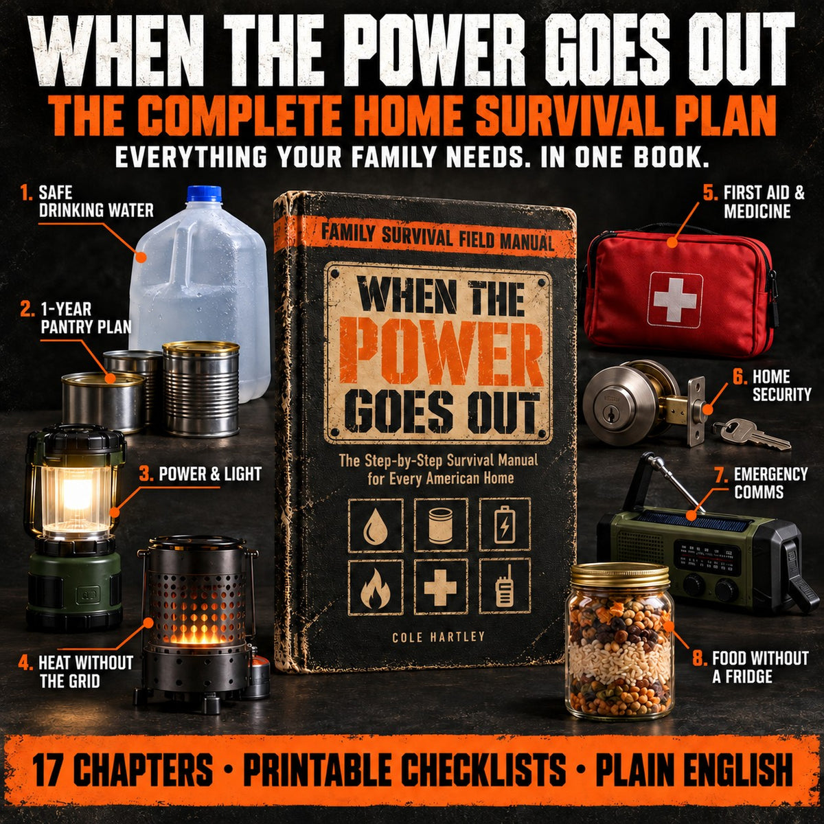 What's inside: water, pantry, power and light, heat, first aid, home security, emergency comms and food without a fridge
