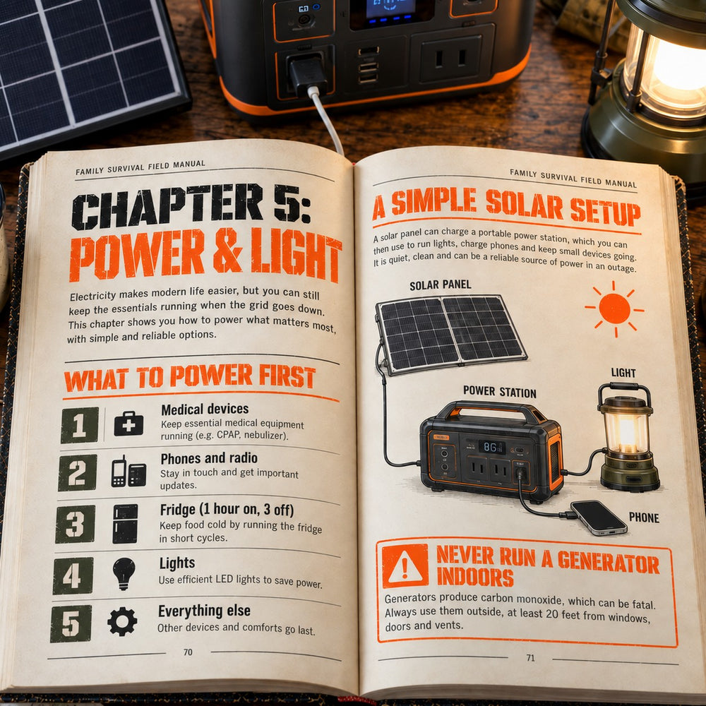 Inside the book: the Power & Light chapter with what to power first and a simple solar setup