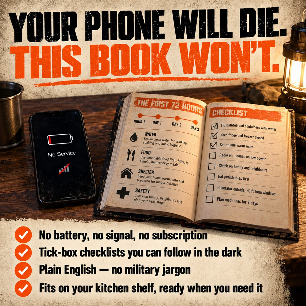 Your phone will die. This book won't. The printed 72-hour checklist next to a phone with no service