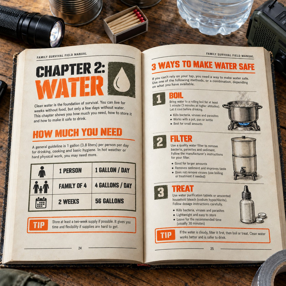 Inside the book: the Water chapter with how much to store and three ways to make water safe